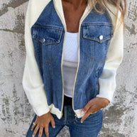 Damen Denim-Jacke mit kontrastfarbenen Ärmeln und praktischen Taschen WW