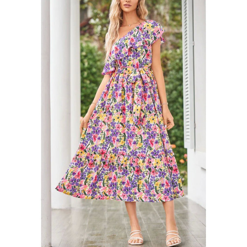 Damen Ein-Schulter Blumen Maxikleid mit Rüschen-Saum WW