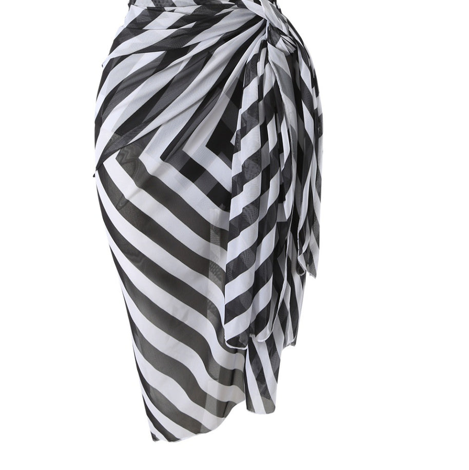 Damen Abendkleid mit raffiniertem Wickeldesign und gestreiftem Oberteil WW