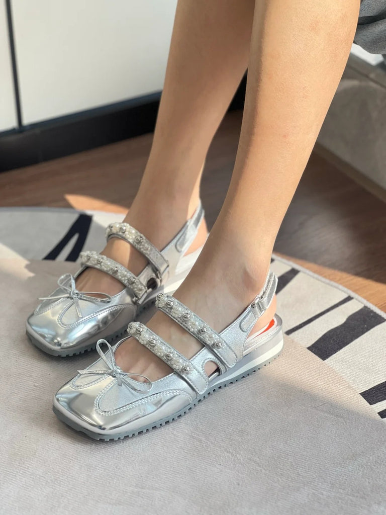 Damen elegante Ballerinas mit quadratischer Zehenform und Perlenverzierungen WW