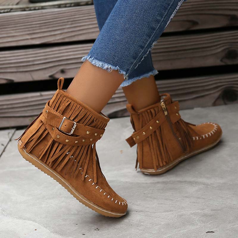 WW | Boho Stiefelette Mit Fransen Und Schnallen Für Damen
