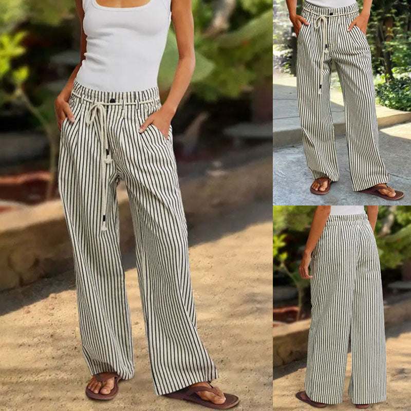 Damen Bequeme Strandhose mit lässigem Streifenmuster und geflochtenem Bund WW