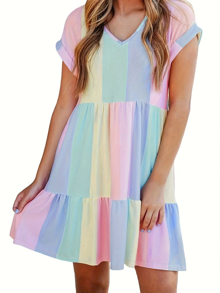 Damen Freizeitkleid mit farbenfrohem Streifenmuster und fließendem Design W&W Mode