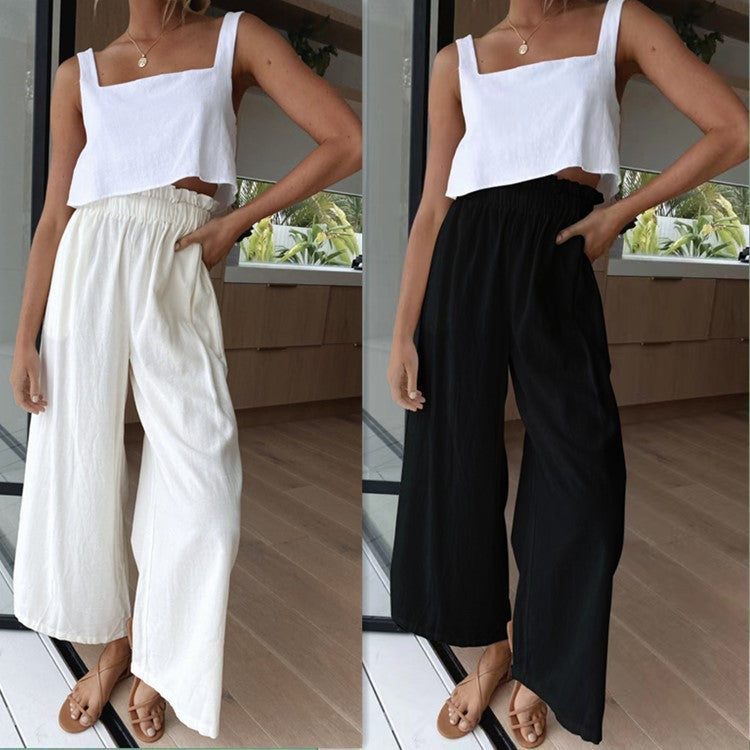 Damen Hochtaillierte Palazzo-Hose mit elastischem Bund und seitlichen Taschen WW