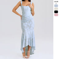 Damen Elegantes Maxikleid mit floralem Relief und asymmetrischem Saum WW