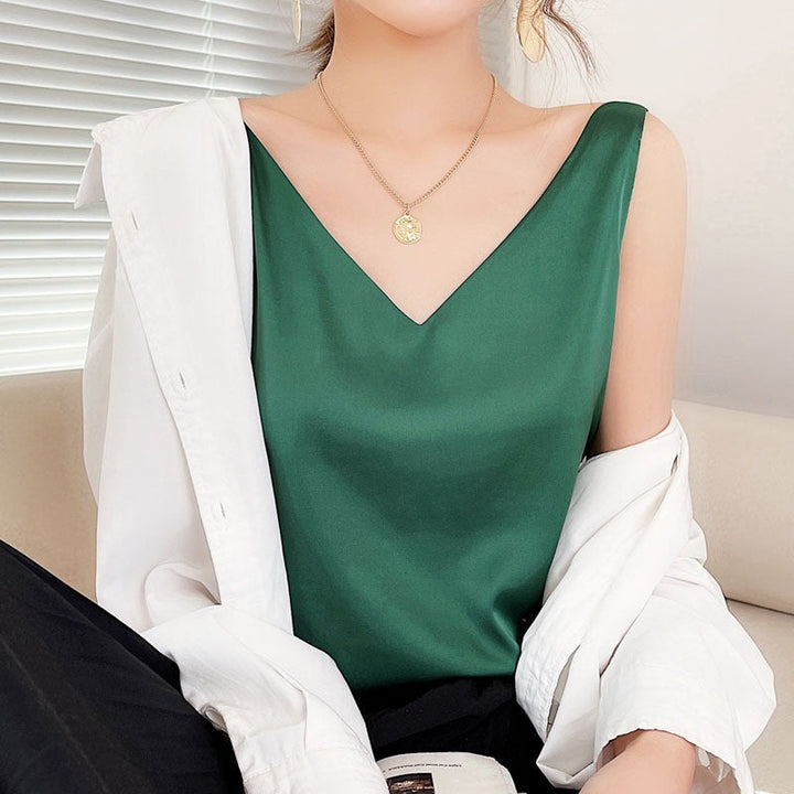 Damen V-Ausschnitt Satinbluse W&W Mode