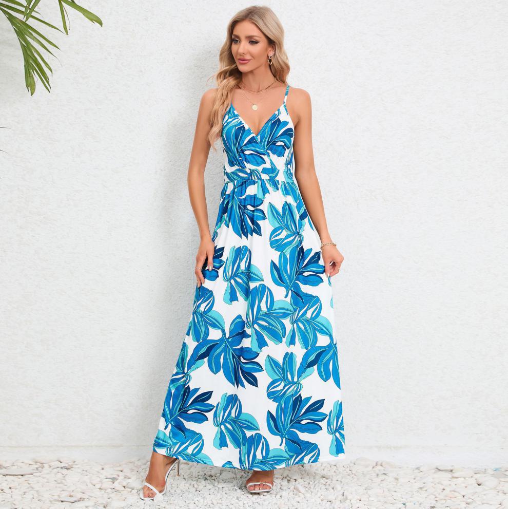 Damen Maxikleid mit zartem V-Ausschnitt und buntem Pflanzenmuster WW