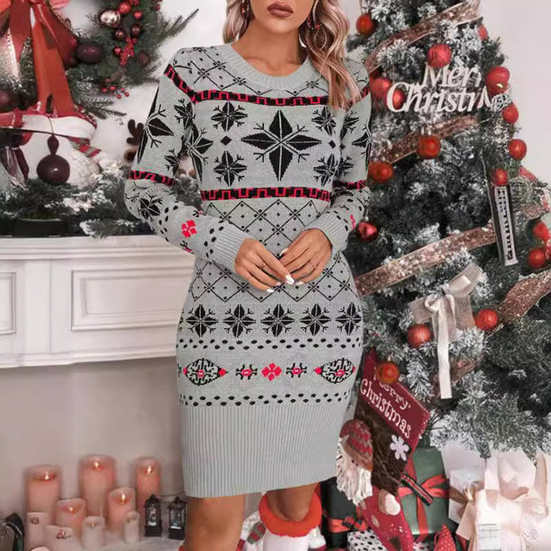 Damen Strickkleid mit festlichem Norweger-Muster und modernem Schnitt WW