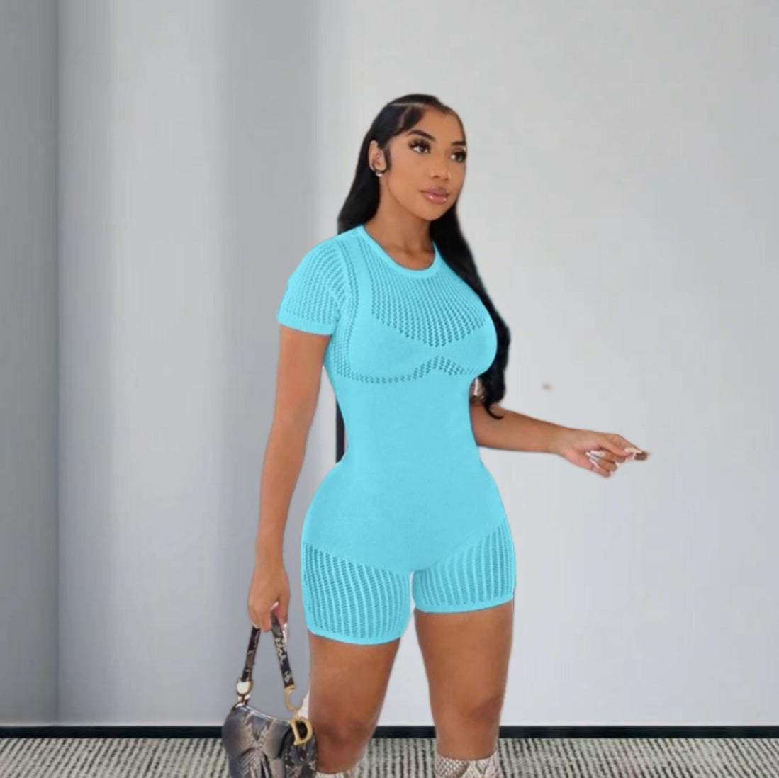Damen Strickoverall mit dekorativem Muster und kurzen Ärmeln WW