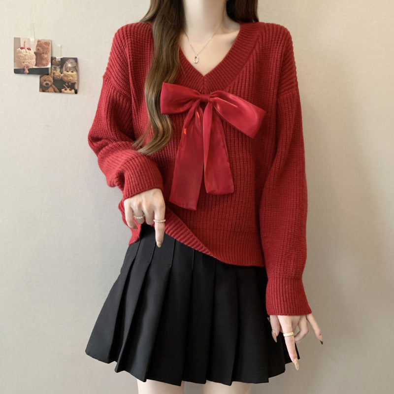 Damen Strickpullover mit V-Ausschnitt und dekorativem Schleifenakzent WW
