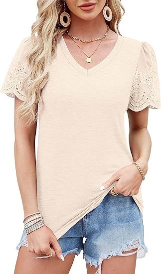 Damen V-Ausschnitt T-Shirt mit Spitzenärmeln WW