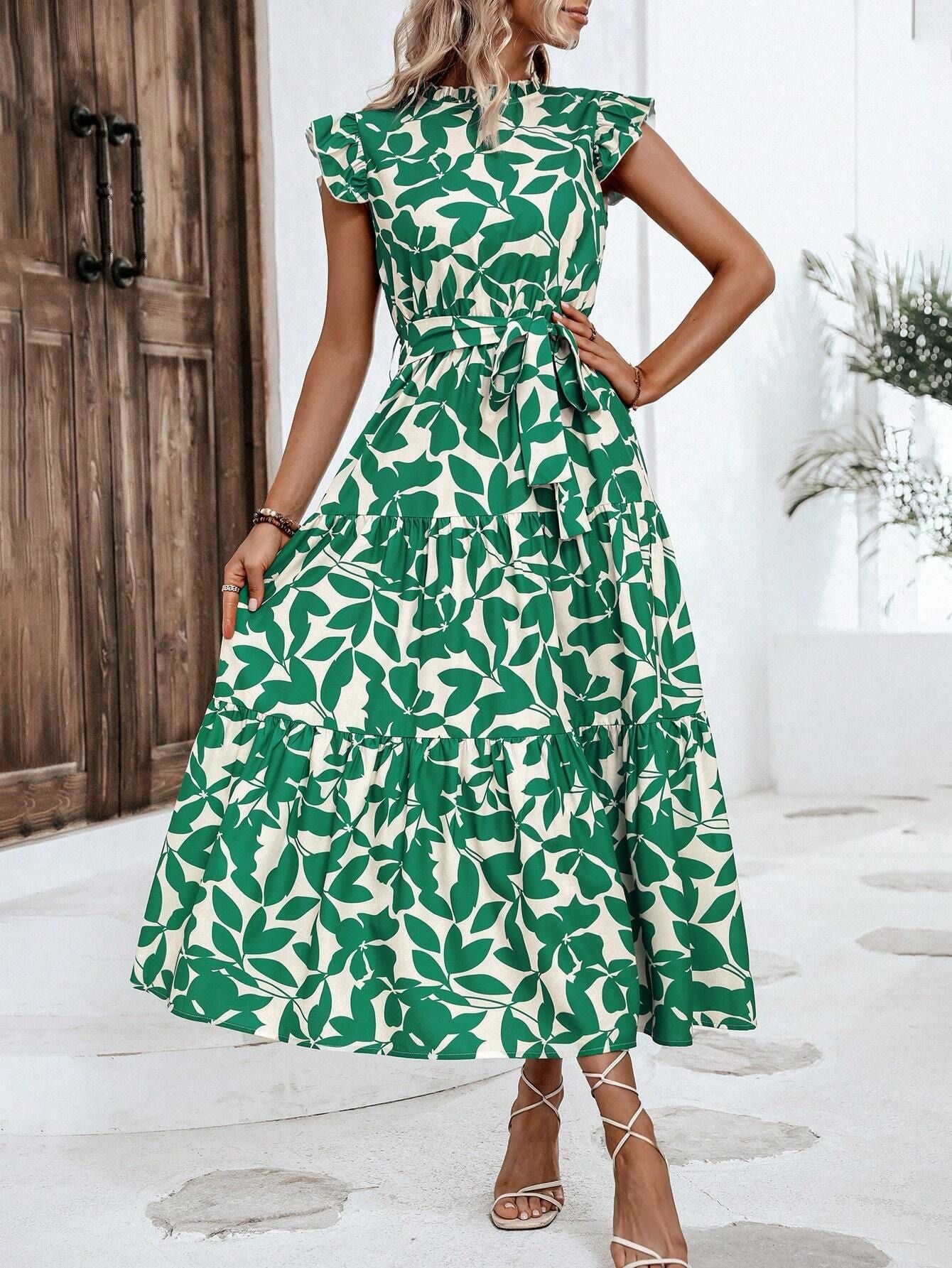 Damen lässiges Midi-Kleid mit Rüschen und floralem Muster WW
