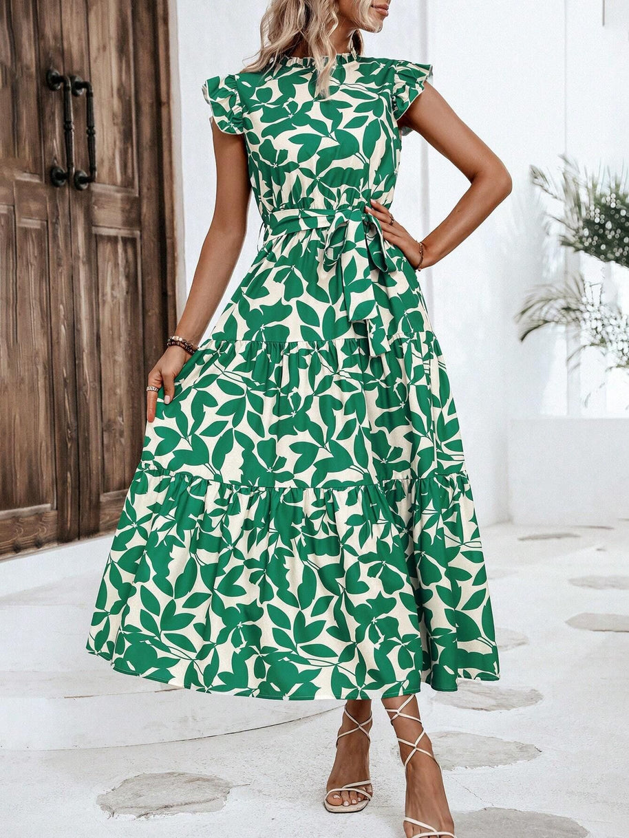 Damen lässiges Midi-Kleid mit Rüschen und floralem Muster WW