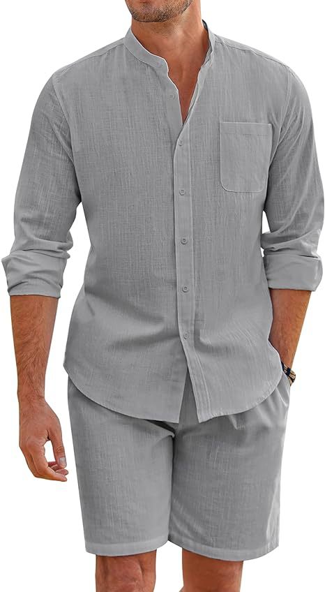 Herren Leichte und atmungsaktive Leinenhemden mit kurzer Hose WW
