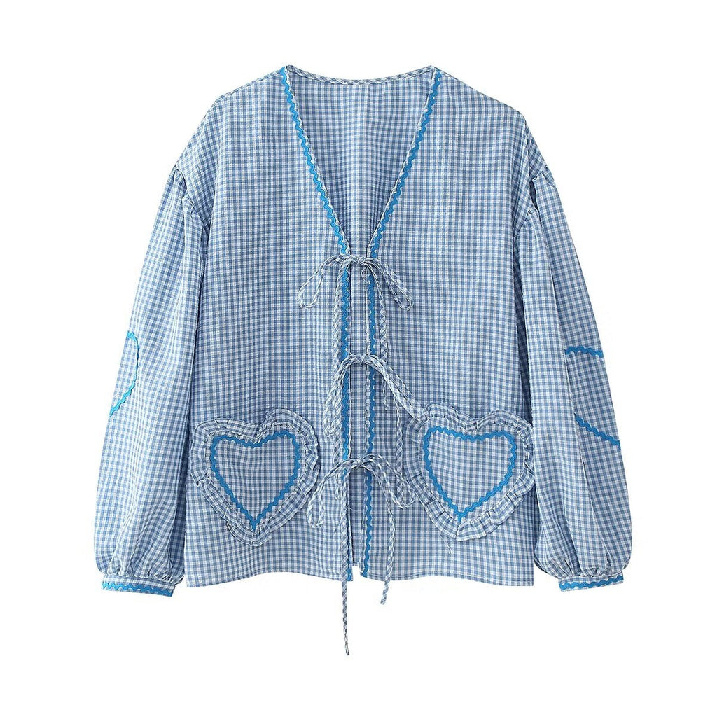 WW | Karierte Herzdrüsen Ribbon Shirt Stylisches Leichtes Top Für Ganzjährige Trageweise