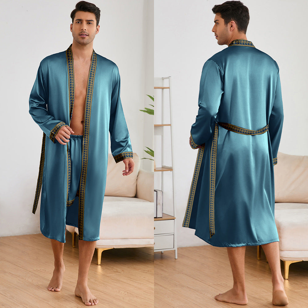 Herren Satin Morgenmantel mit stilvollem Schalkragen und seitlichen Taschen WW