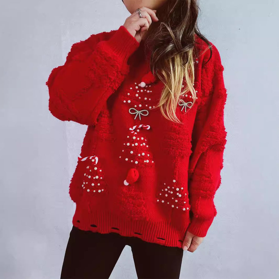 Damen festlicher Pullover mit kreativen Weihnachtsmotiven und strukturiertem Design WW