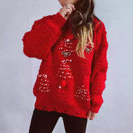 Damen festlicher Pullover mit kreativen Weihnachtsmotiven und strukturiertem Design WW