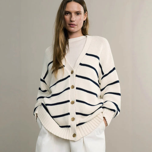 Damen Strickjacke mit breiten Streifen und Knopfverschluss WW