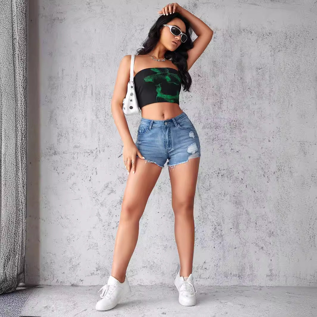 Damen lässige Denim-Shorts im trendy Destroyed-Stil mit hohem Taillenbund WW