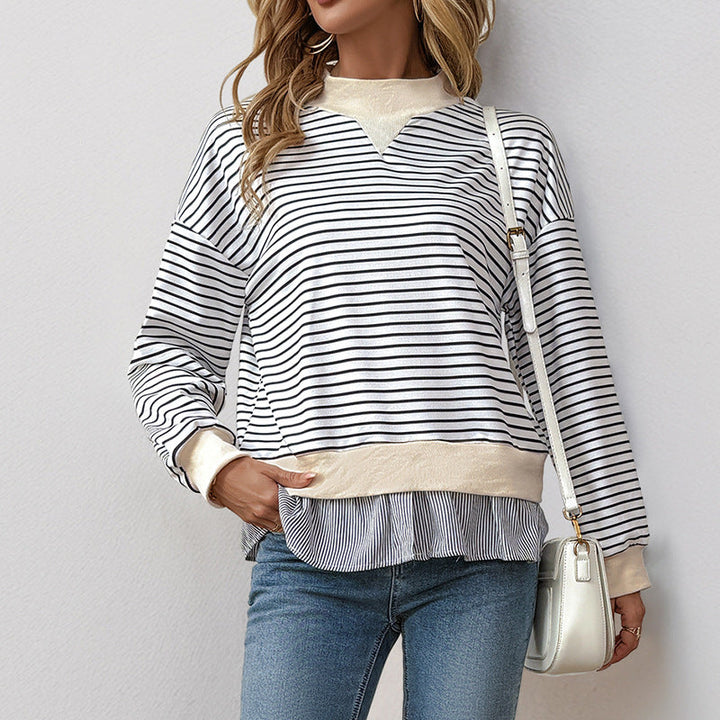 Damen gestreifter Sweatshirt mit Layering-Effekt und Rundhalsausschnitt W&W Mode