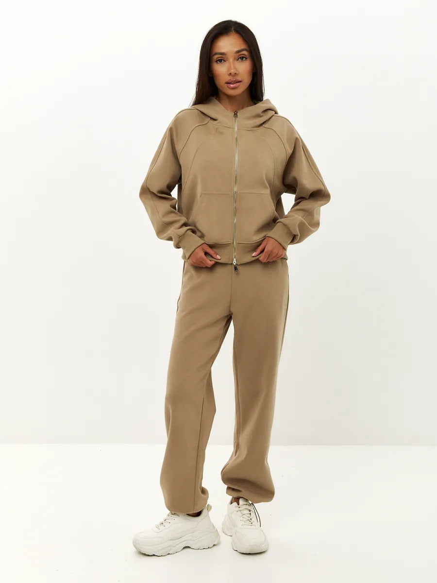 Damen sportliches Fleece-Hoodie-Set mit verschließbarem Reißverschluss WW