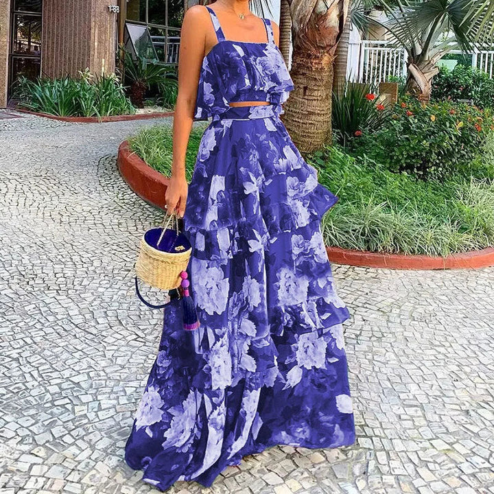 Damen Maxi-Rock mit gestuftem Volant und floralem Design W&W Mode