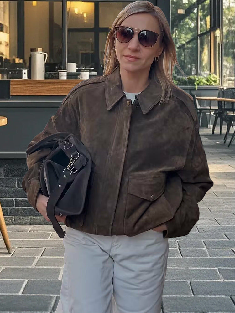 Damen lässige Wildlederjacke mit praktischen Taschen und hochgeschlossenem Kragen WW