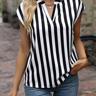 Damen Bluse im elegant gestreiften Design mit modernem V-Ausschnitt und kurzen Ärmeln WW