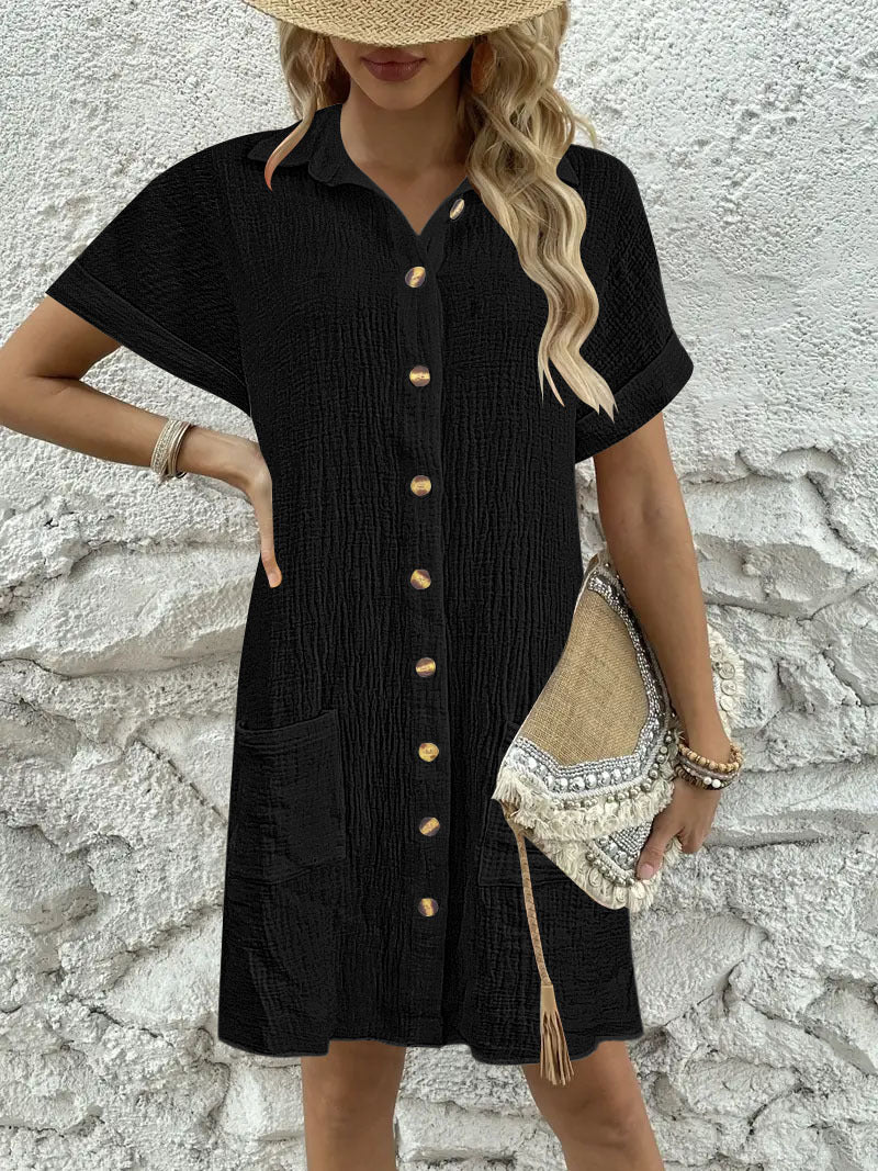 Damen Knielanges Hemdblusenkleid mit knopfbarem Design und praktischen Taschen WW