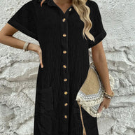 Damen Knielanges Hemdblusenkleid mit knopfbarem Design und praktischen Taschen WW