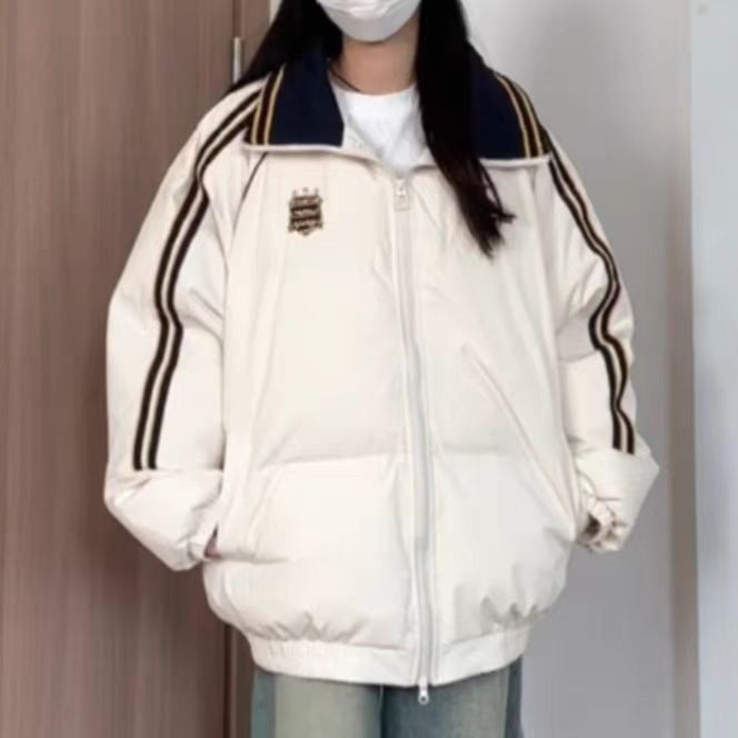 Damen Sportliche Pufferjacke mit kontrastierenden Streifen und hohem Kragen WW