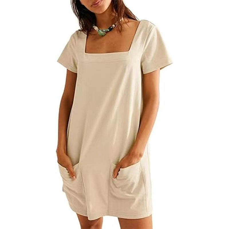 Damen lässiges Tunika-Kleid mit praktischen Taschen und Quadrat-Ausschnitt WW