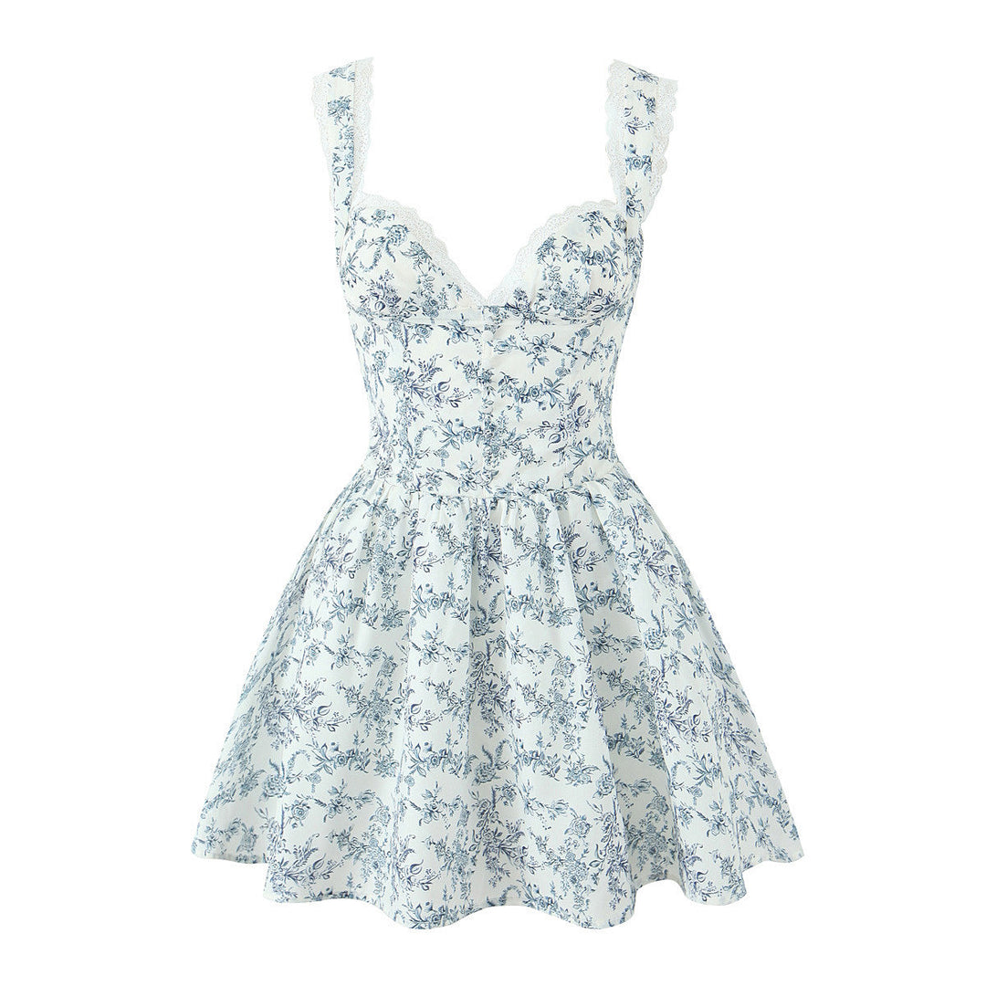 Damen kurzes Blumenkleid mit verstellbaren Spaghettiträgern W&W Mode