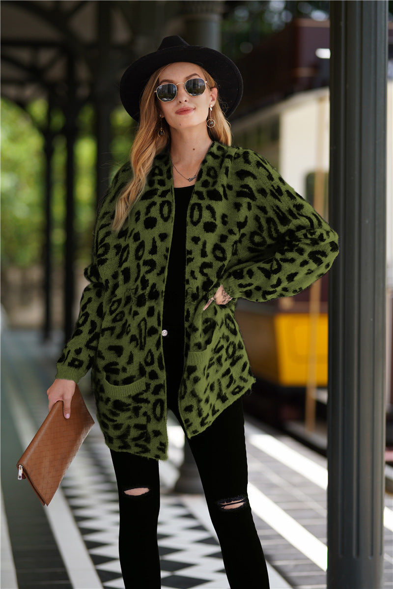 Damen lässiger Strickmantel im Leopardenmuster mit bequemem Schnitt und Taschen WW