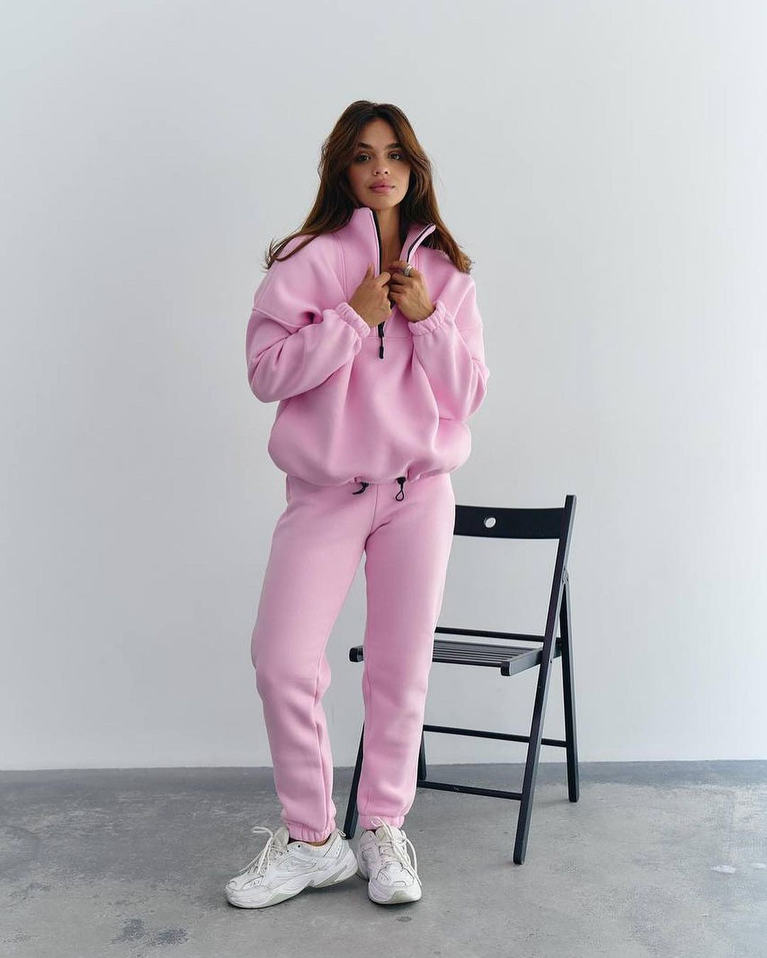 Damen Sportlicher Fleece-Traininganzug mit halbem Reißverschluss und elastischen Bündchen WW