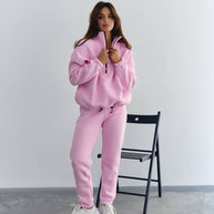 Damen Sportlicher Fleece-Traininganzug mit halbem Reißverschluss und elastischen Bündchen WW