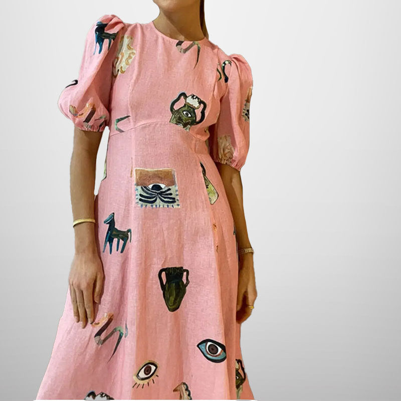 Damen Maxikleid mit künstlerischem Motiv und voluminösen Ärmeln W&W Mode
