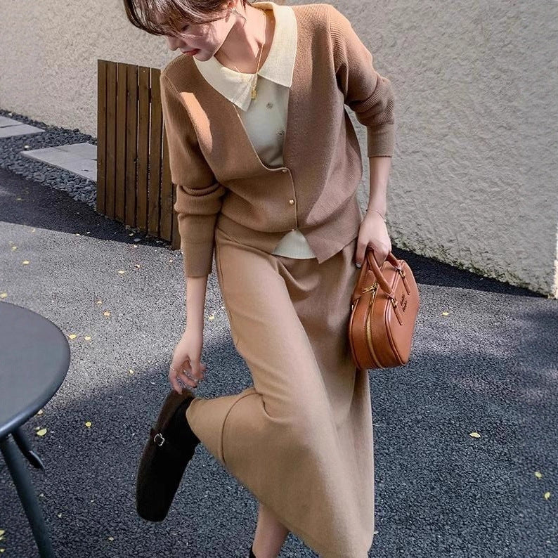 Damen Strickensemble mit eleganter Blusenoptik und weitem Rock WW