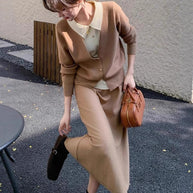 Damen Strickensemble mit eleganter Blusenoptik und weitem Rock WW