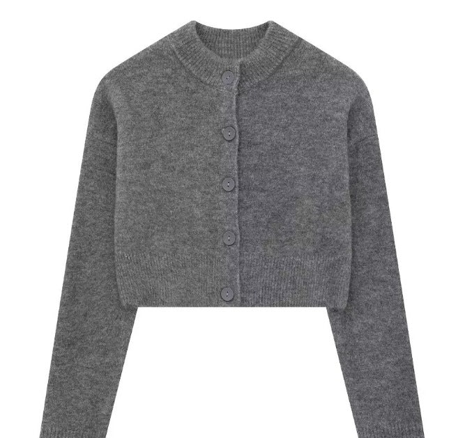 Damen kurze Strickjacke mit Knopfleiste und elegantem Rundhalsausschnitt WW