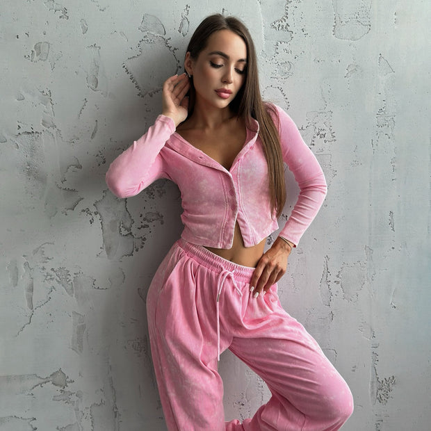 Damen Sportliches Freizeit-Set mit cropped Jacke und weiter Hose WW