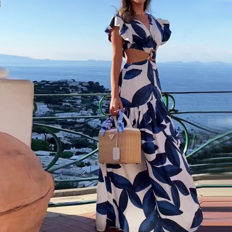 Damen Maxikleid mit gewelltem Ärmeldesign und elastischem Taillengürtel W&W Mode
