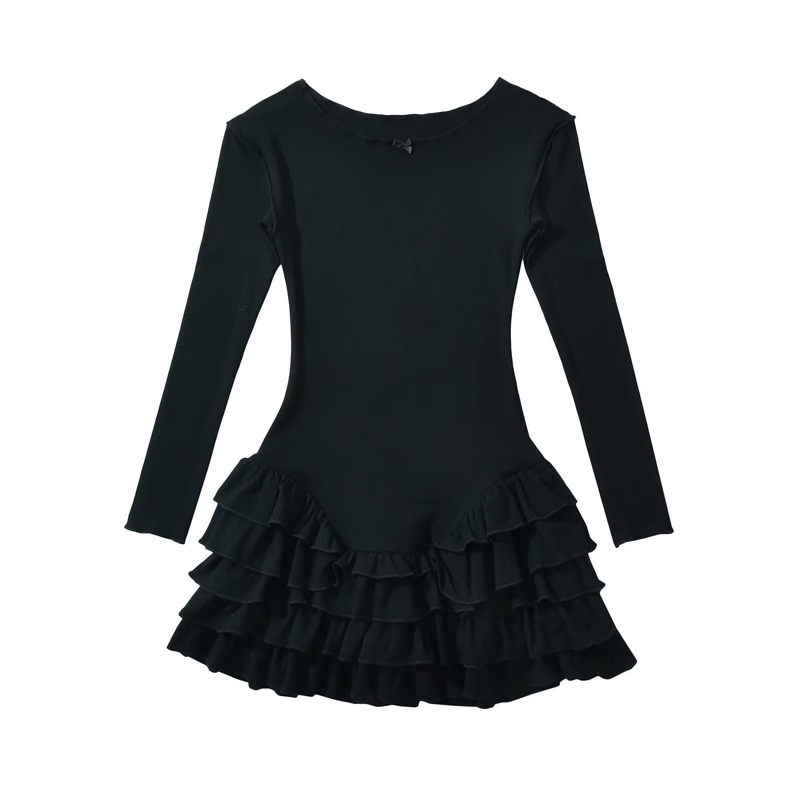 Damen Rüschens Mini-Kleid mit langen Ärmeln und ausgestelltem Saum WW