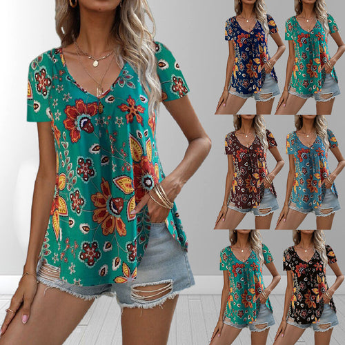 Damen Blümchen-Oberteil mit tiefem V-Ausschnitt und fließendem Schnitt WW