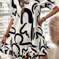 WW | Bedrucktes Rundhals Kurzarm Midi Kleid