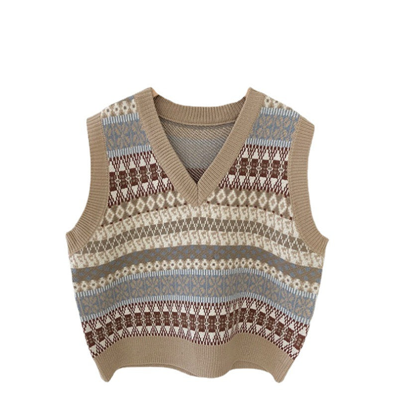 Damen Ärmellose Strickweste mit V-Ausschnitt und Muster WW
