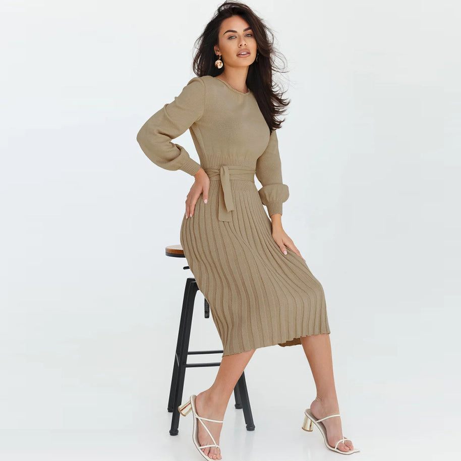 Damen Strickkleid mit taillierbarem Gürtel und langen Ärmeln WW