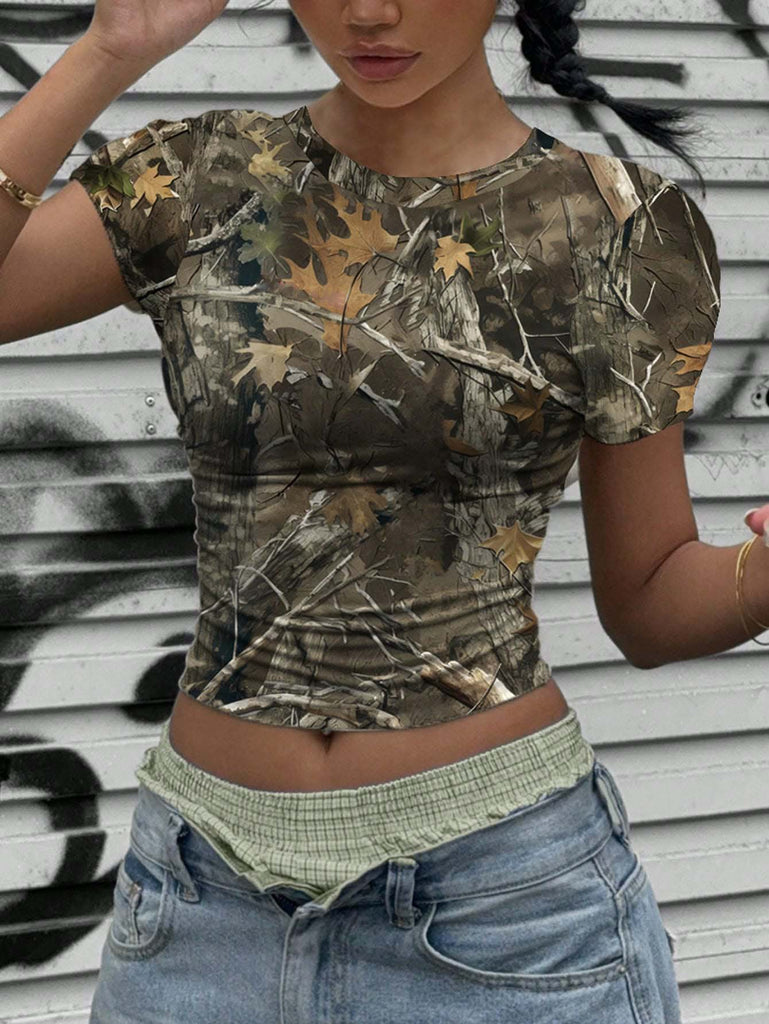 Damen T-Shirt mit angeschnittenen Ärmeln und Camouflage-Muster WW