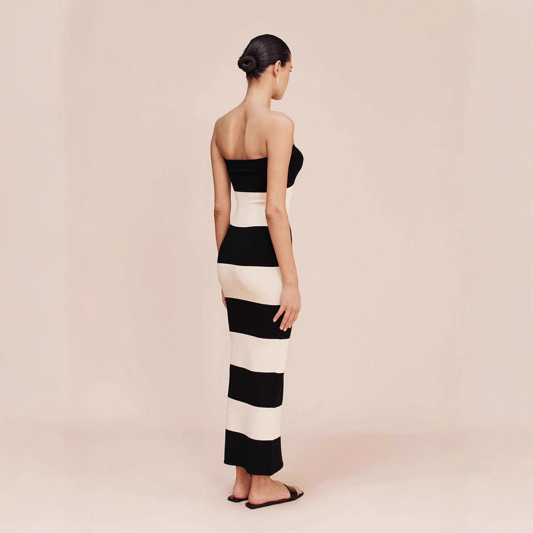 Damen schickes Bandeau-Maxikleid mit grafischem Streifenmuster und figurbetontem Schnitt WW